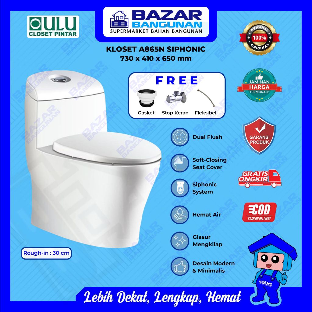 Oulu - Closet Kloset Toilet Duduk A 865 N A865N One Piece Monoblock Dual Flush Soft Close Siphonic