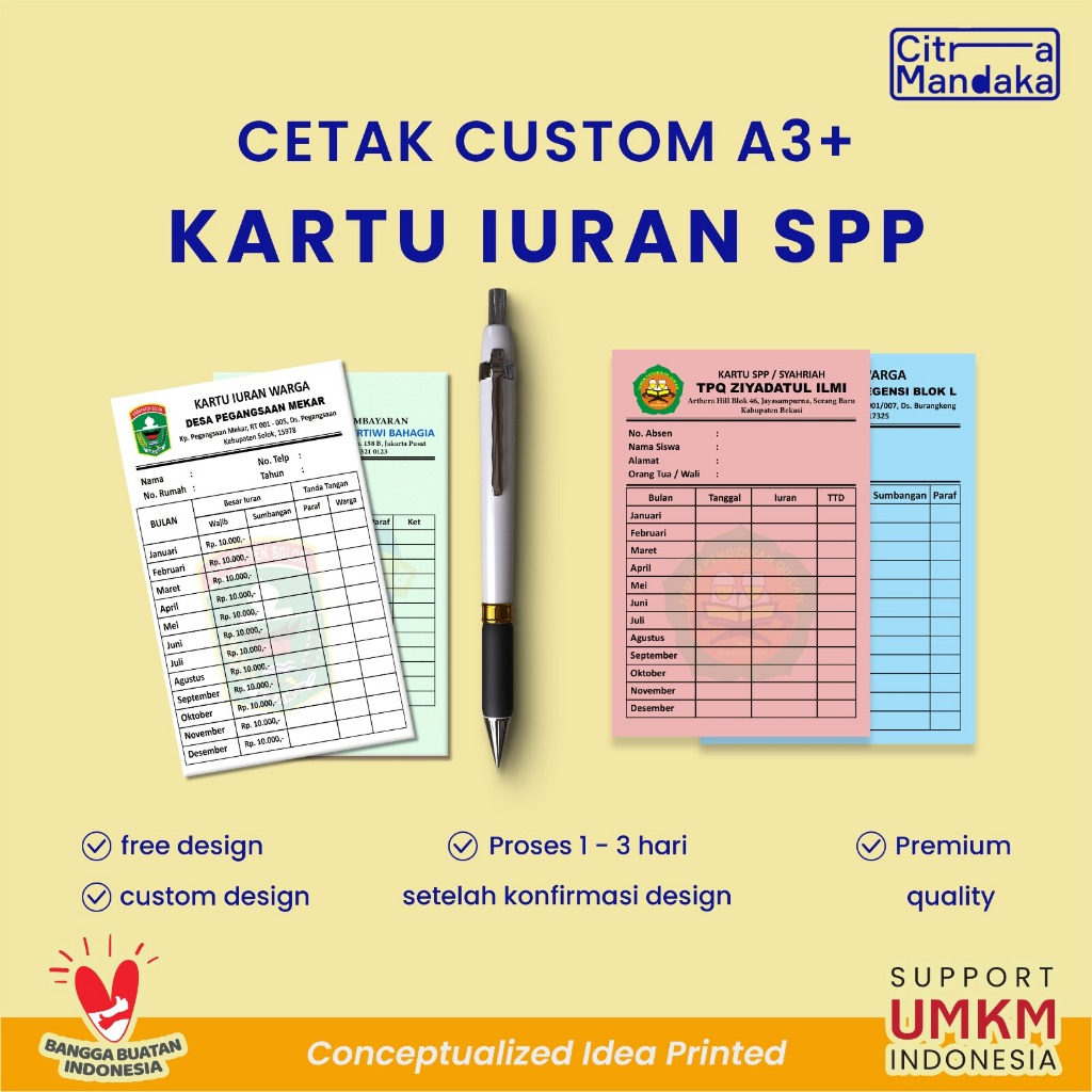 

Cetak Kartu Iuran Custom A3 | Infaq | Pembayaran Les | Kas | RT | Kartu Stock | Lembar Presentasi Santri | SPP | Angsuran Kas | Kelas Koperasi