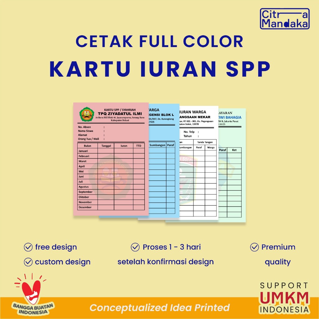 

Cetak Kartu Iuran Custom | Infaq | Pembayaran Les | Kas | RT | Kartu Stock | Lembar Presentasi Santri | SPP | Angsuran Kas | Kelas Koperasi