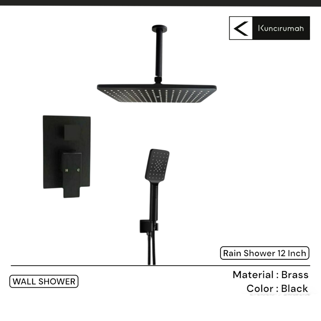 Rain shower set hitam 12 inch kuningan / Kran shower tanam  set black