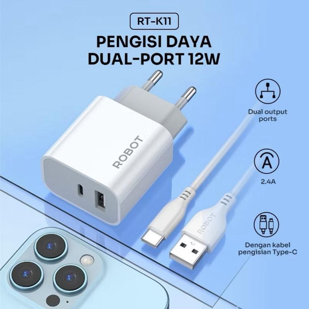 Robot RT-K11 Charger Fast Charging Dual Port 12W with Type C Cable 2.4A Adaptor Kepala Charger Adapt