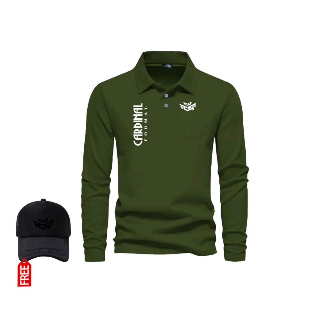 Kaos POLO lengan panjang | Cardi form text putih | Katun Quality 30s  Pria dan Wanita | GRATIS TOPI