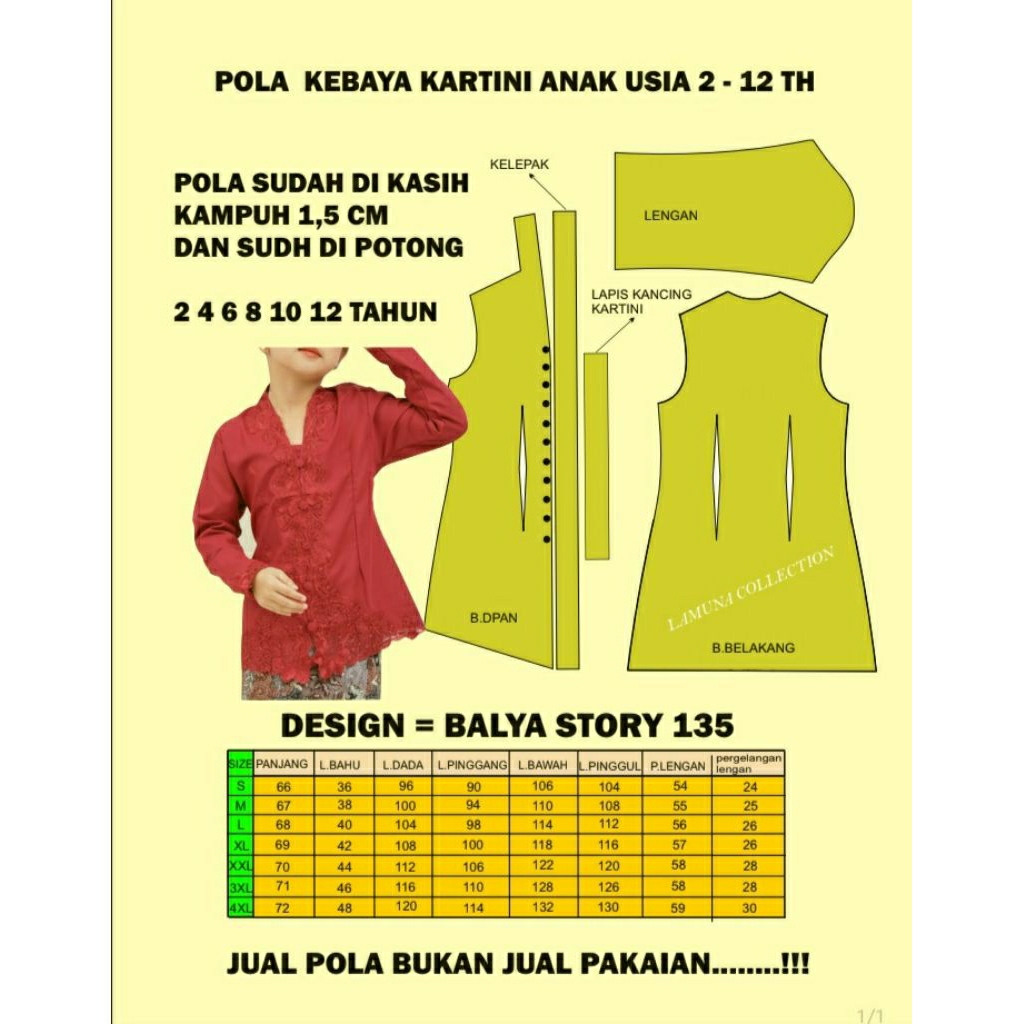 POLA KEBAYA KARTINI ANAK USIA 2-12 (TINGGAL DI JIPLAK)