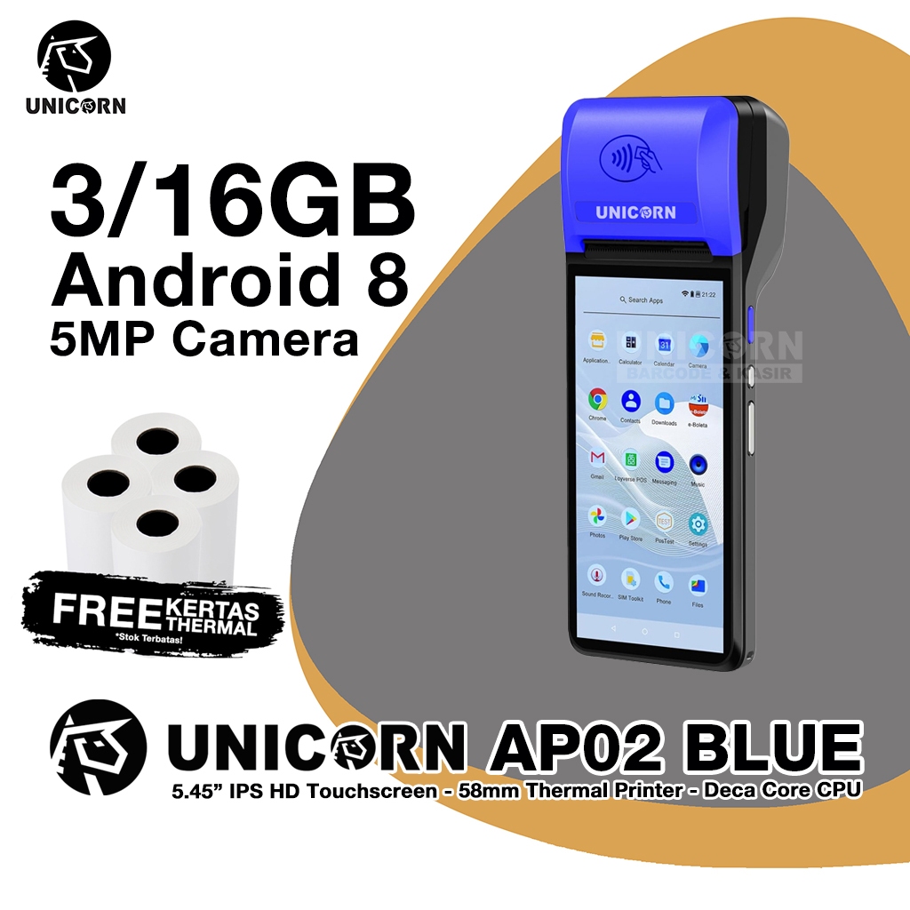 UNICORN AP02 AP-02 Blue  - Mesin Kasir Android Portable NFC 3/16GB