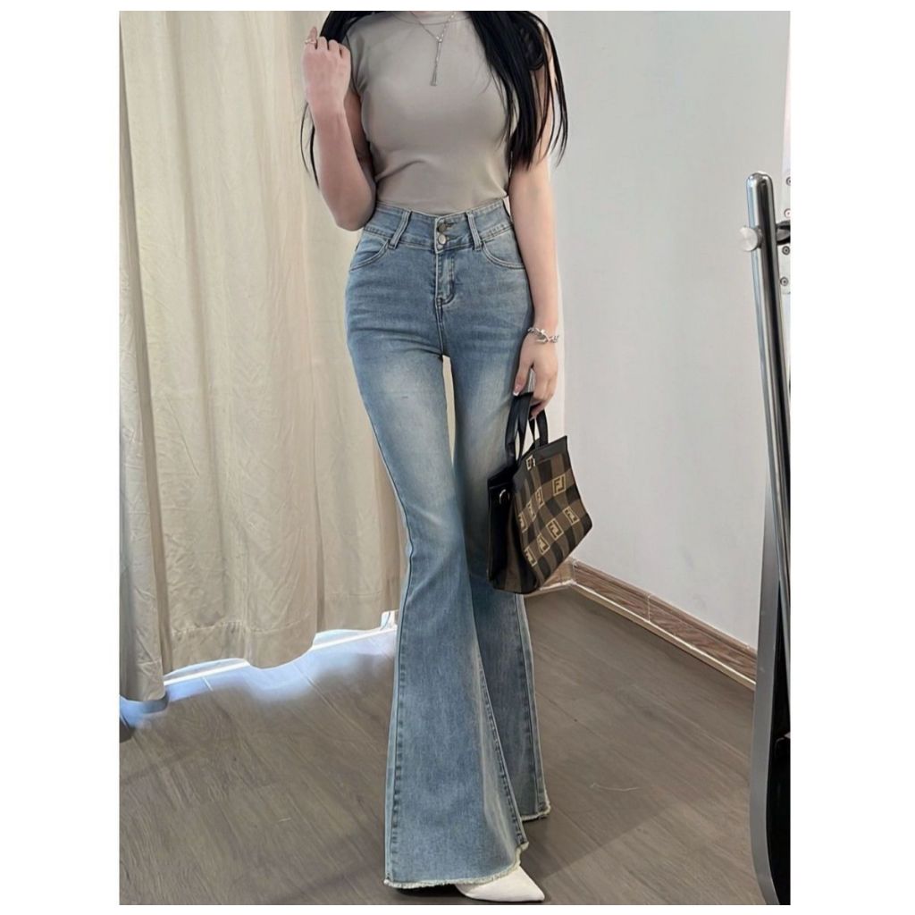 2025 Jeans Wanita Baru untuk Ukuran Kecil, Celana Fishtail Mengembang, Celana Slim Fit Flare Vintage