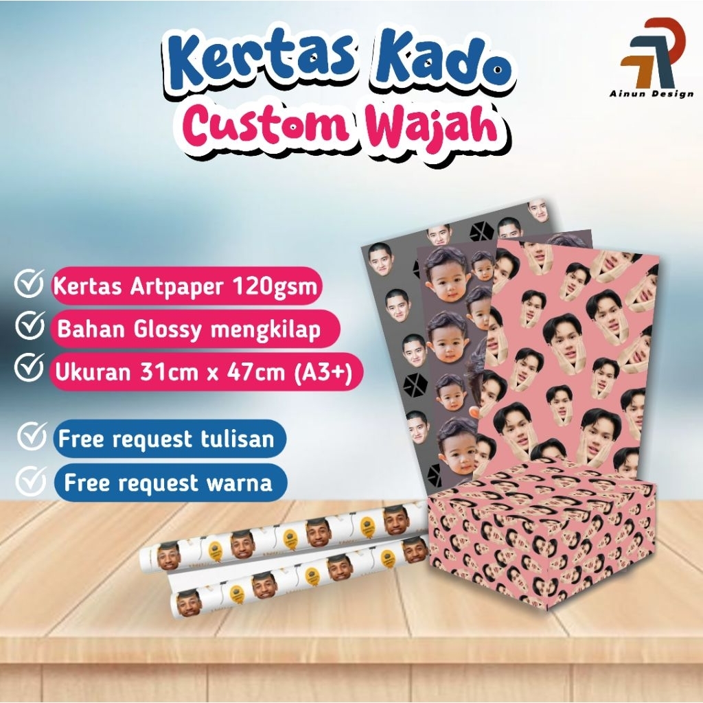 

KERTAS KADO CUSTOM | WRAPPING PAPER | CUSTOM TULISAN FOTOWAJAH | DESAIN BEBAS