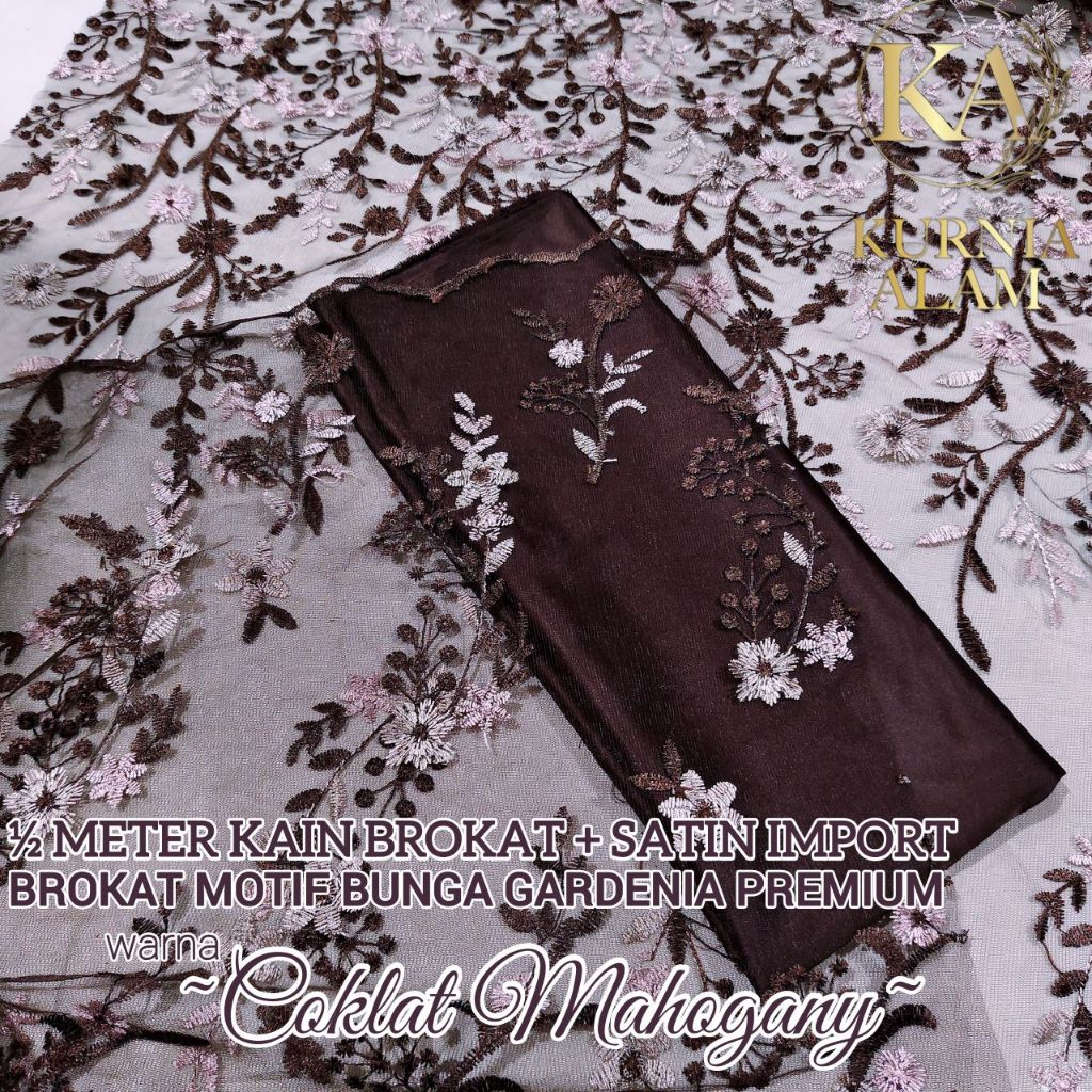 Kain Brokat Bordir Premium Warna COKLAT MAHOGANY Brokat Motif Bunga Gardenia Bahan Dress Kebaya Baju
