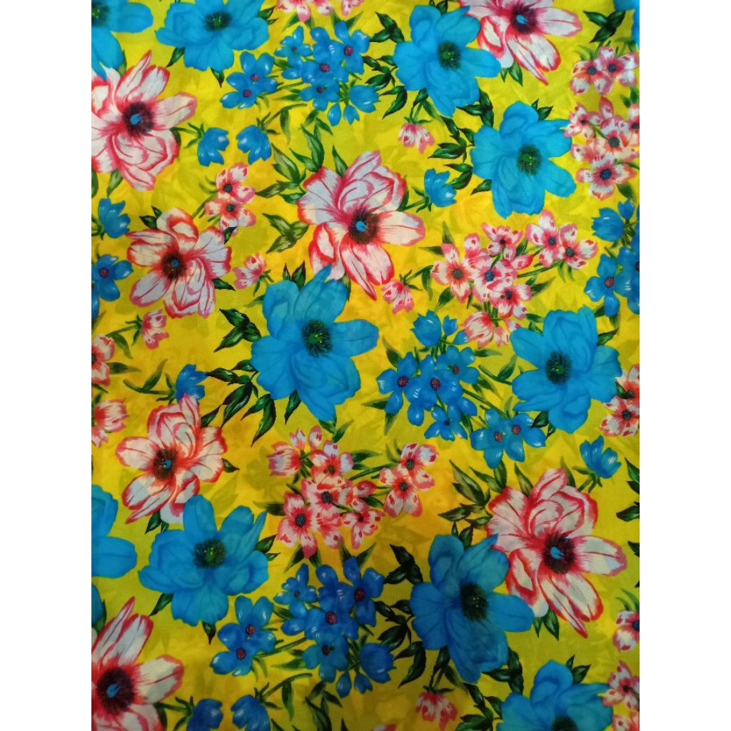 KAIN CERUTI KAIN SIFON TIPIS MOTIF BUNGA BIRU DASAR KUNING (REQ PANJANG 50 CM = Rp11.500)
