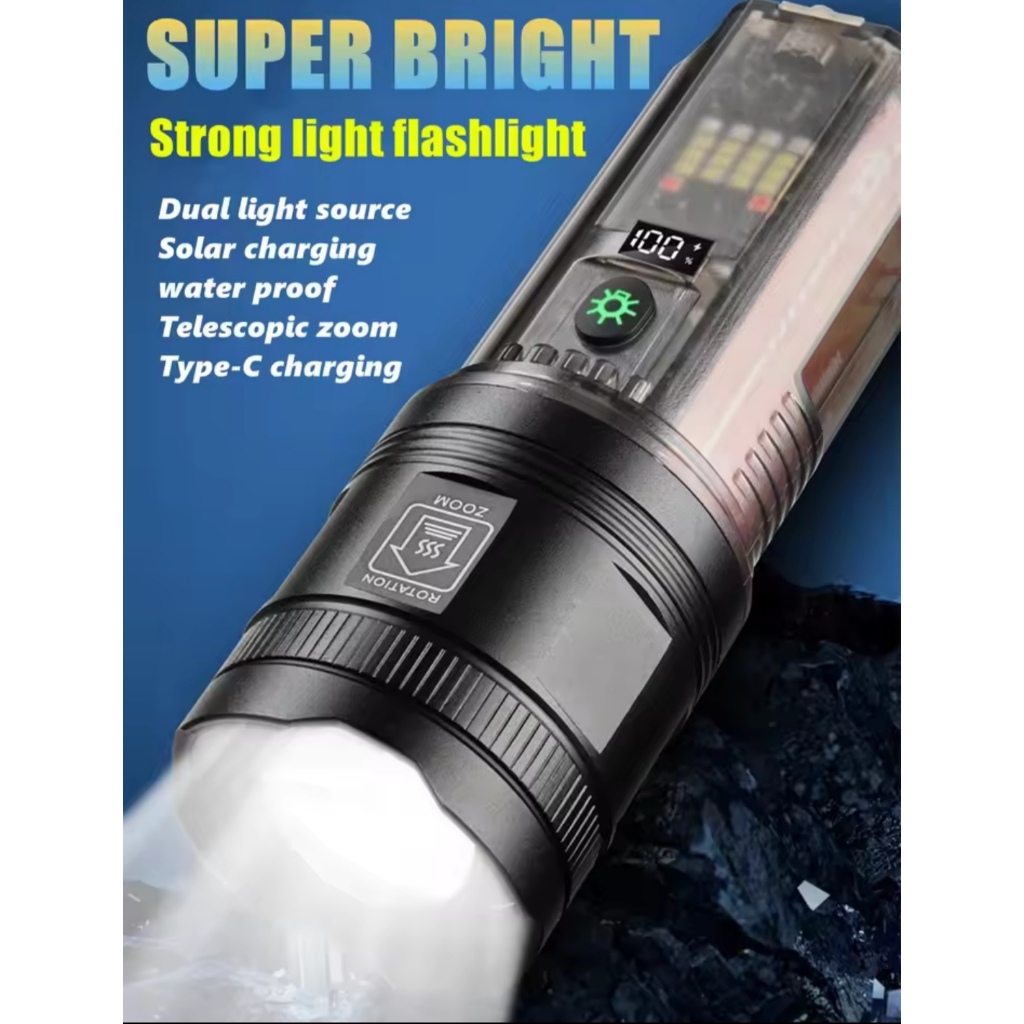 Senter LED Laser Premium Super Terang Bisa Zoom Solar Charge Banyak Mode Cahaya Lampu Samping, X39