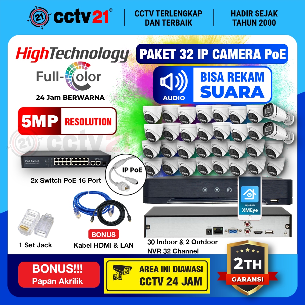 Paket CCTV 32 IP Camera 32CH 5MP Audio Full Color Colorvu POE NVR 32CH High Technology