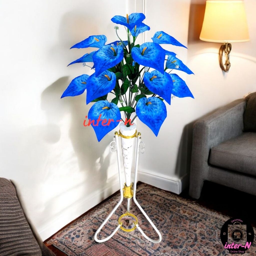 Bunga ANTHURIUM PANDA Satu Set Lengkap Dengan Pot/Vas Standing Besi Corong Plastik Hiasan Sudut Ruan