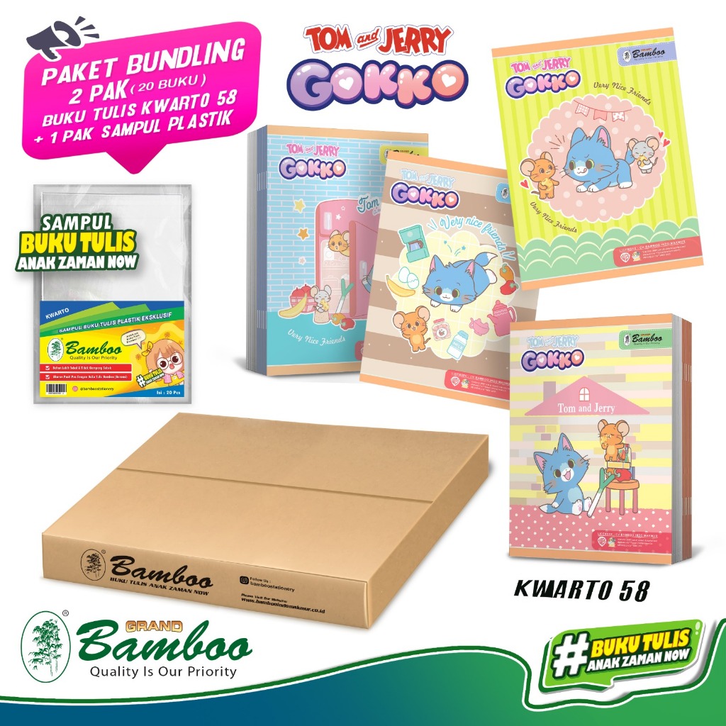 

Bamboo Buku Tulis Kwarto 58 Tom&Jerry Gokko (Bundling 2 Pak Buku+Sampul Plastik) Ukuran kecil