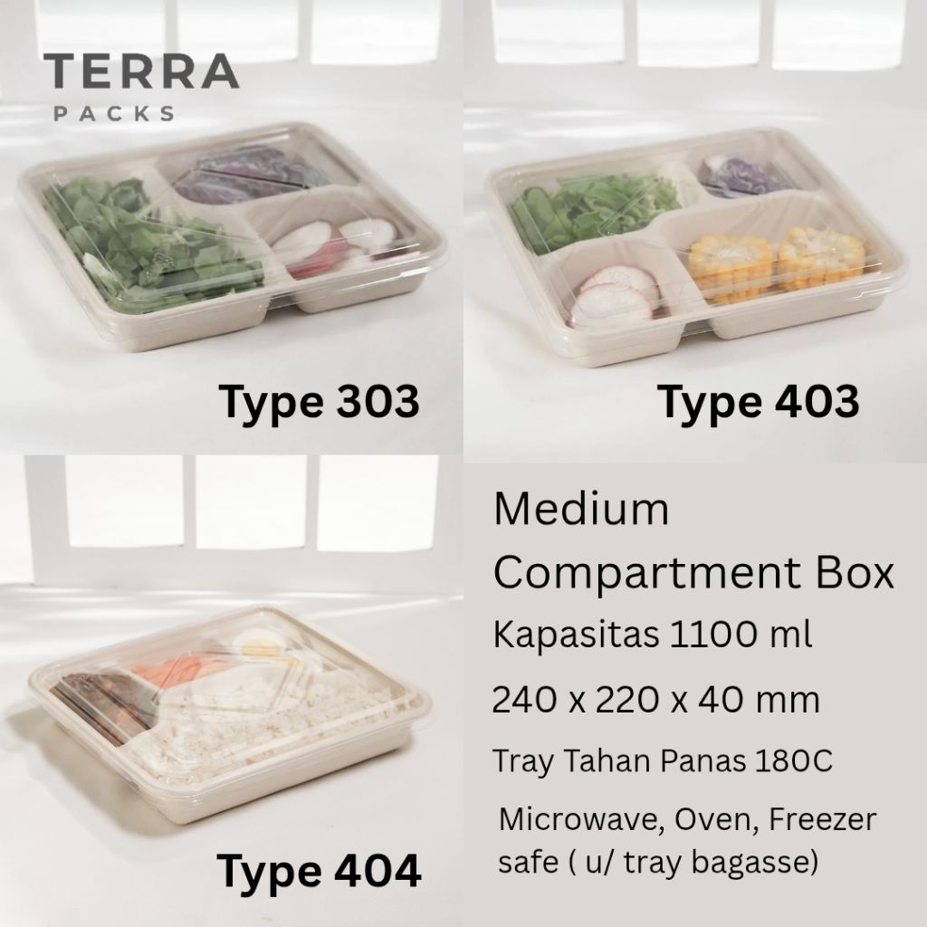 Terra Bagasse Medium Compartment 1100 ML Kotak Tempat Nasi Bento Box Kemasan Makan Catering Box Seka