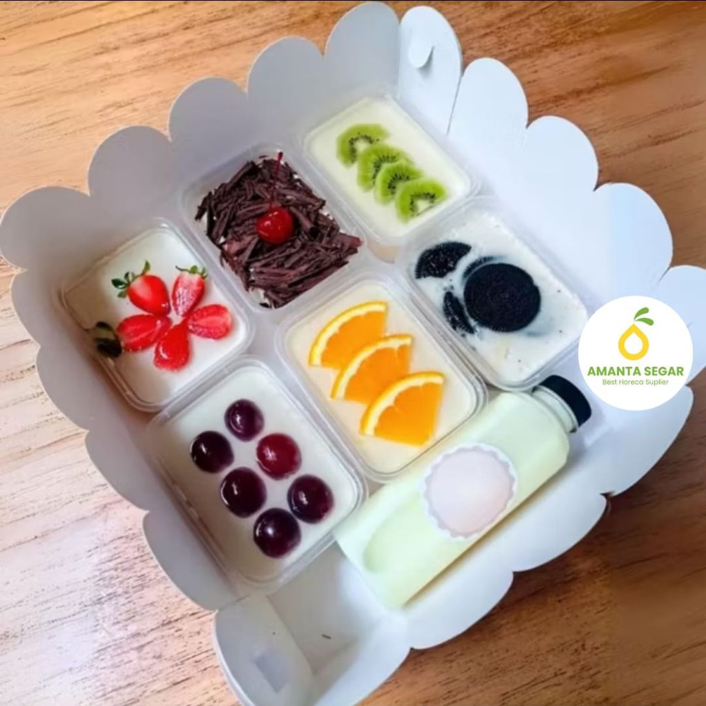 

Puding Hampers isi 6 Gratis Vla 250ml Puding Agar Agar Toping Strawberry, Coklat, Kiwi, Anggur, Jeruk, Oreo Puding Amanta Segar Bogor