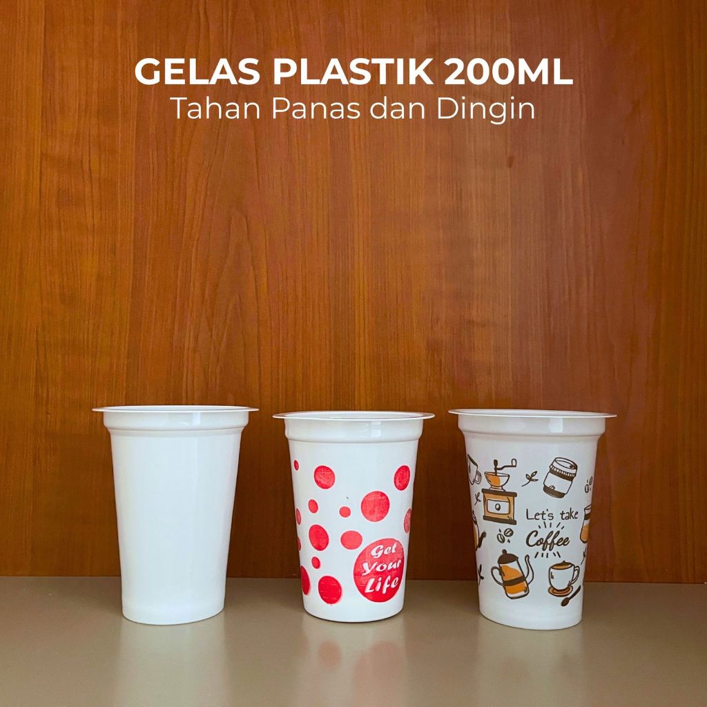(Grosir) Gelas Plastik 200ml Motif Polkadot Kopi Polos Halal Wadah Minuman Es Buah Acara Sampel