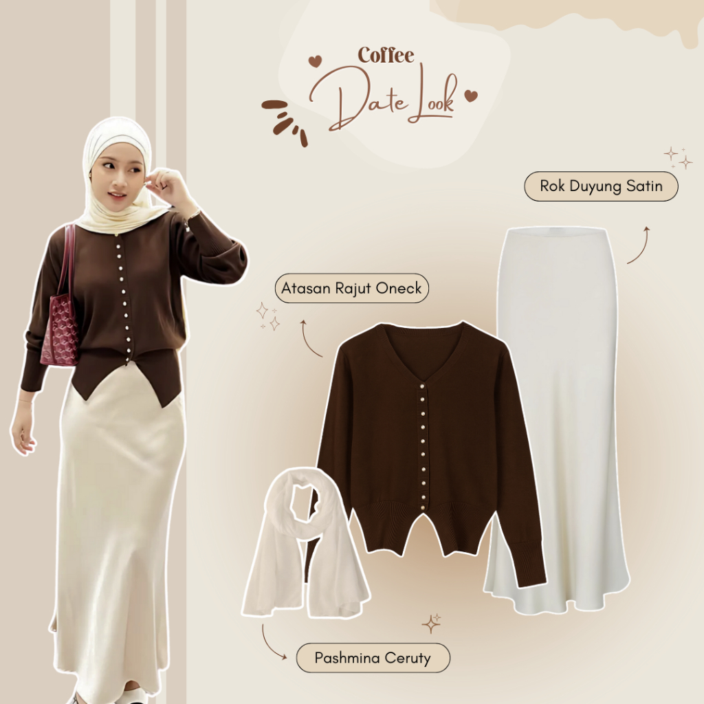 Hijab Style Outfit Korea  || Ootd Nongkrong - Cardigan Rajut + Rok Duyung Scuba + Hijab Pashmina Cer