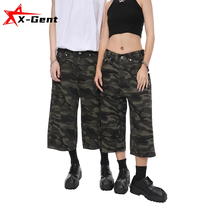 X-gent unisex Celana pendek pria baggy straight cut kulot jeans Celana kamuflase dewasa shorts denim