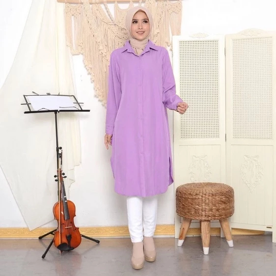 Zam Galery Long Tunik Muslim Wanita Polos Lilac Tangan Panjang