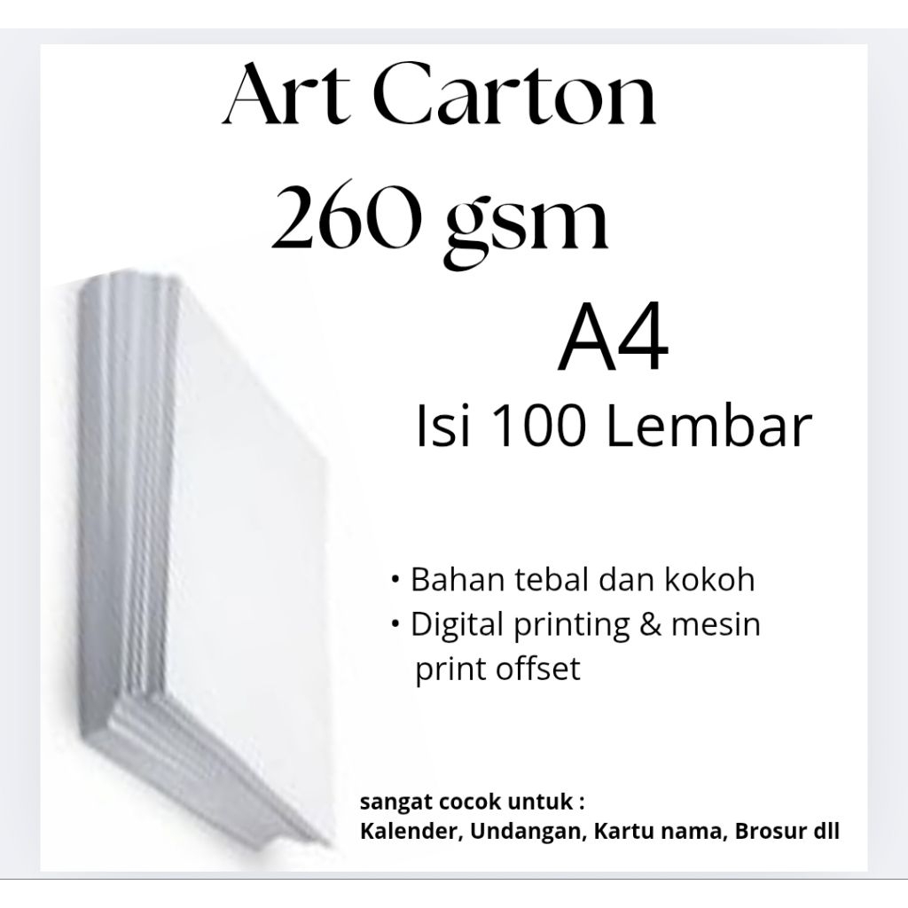 

Kertas Art Carton Tebal 260 GSM Ukuran A4 Isi 100 Lembar – Glossy, Kokoh. Cocok untuk Brosur, Undangan, Kemasan Premium & Cover.