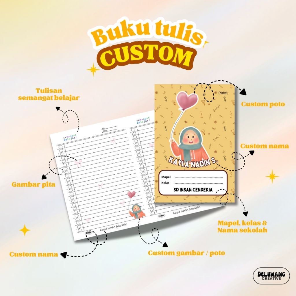 

Buku tulis custom anak sekolah bisa ganti foto dan nama buku tulis lucu