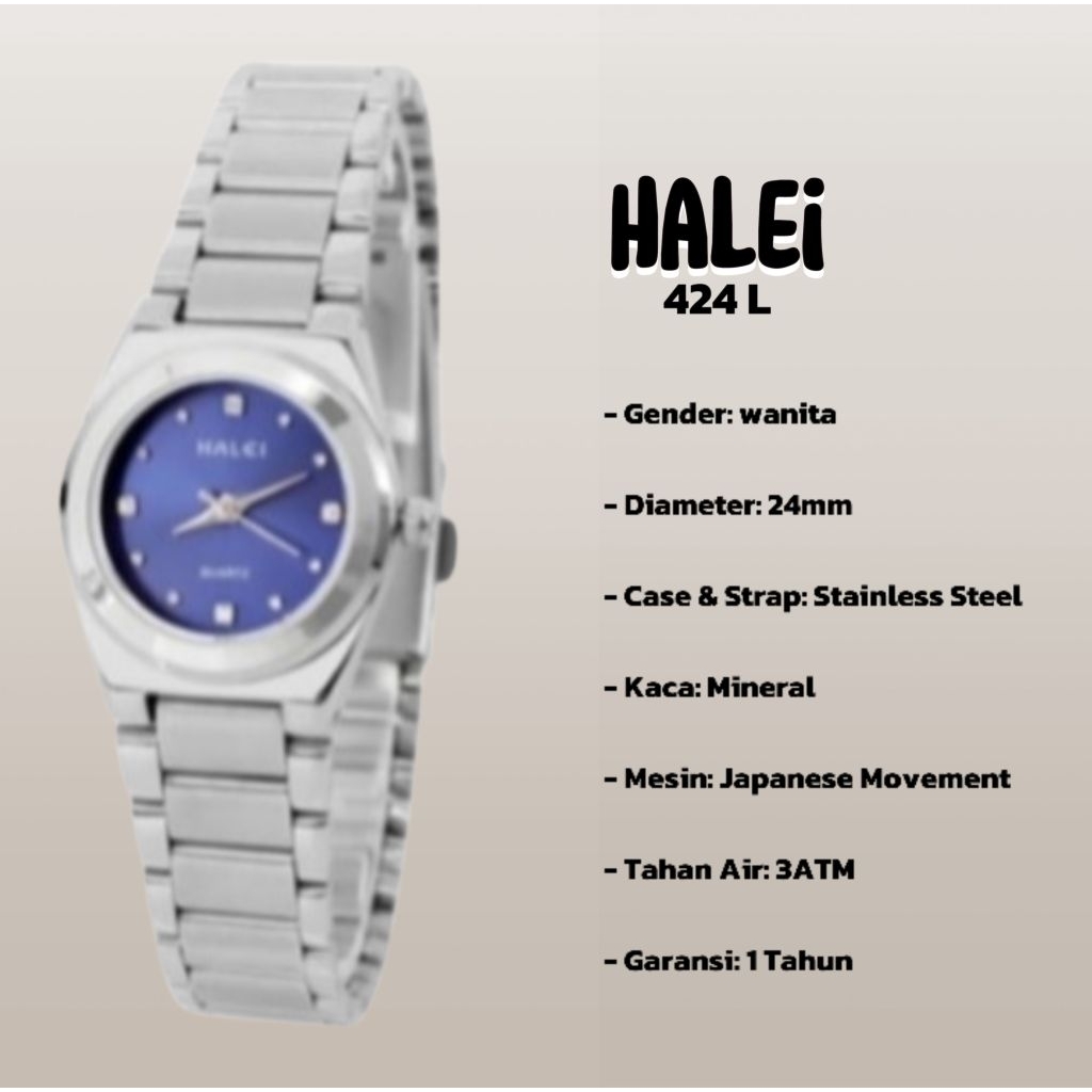 halei 424 L jam tangan wanita halei original fashion casual analog rantai stainless anti air