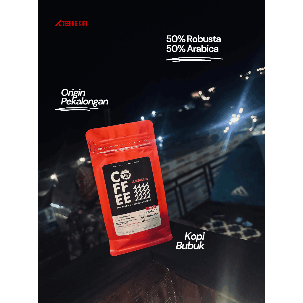 

TEBING KIRI 100 gr KOPI BUBUK MIX BLEND ROBUSTA 50% ARABICA 50% PREMIUM ASLI PEKALONGAN MEDIUM ROAST