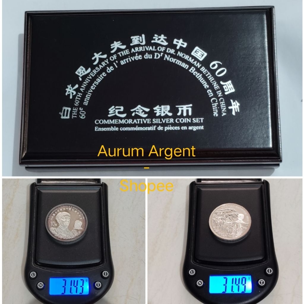 AB.126S -- 1 SET ( 2 PC ) KOIN PERAK ASLI 10 YUAN DAN 5 DOLLARS NORMAN BETHUNE TH 1998 -- SILVER COI