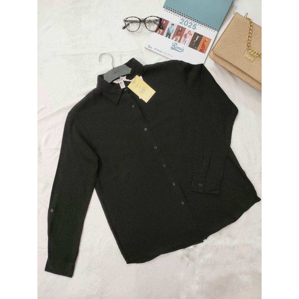 Kemeja Wanita Remix Jeans Atasan Blouse Katun Polos & Motif Lengan Panjang