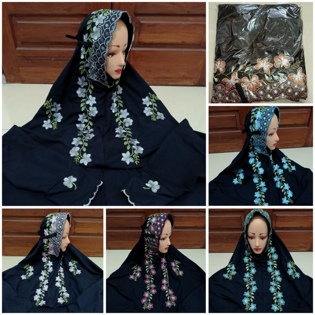 MUKENA TERUSAN WARNA HITAM BORDIR DEWASA MOTIF BUNGA RAMBAT MUKENAH POLINO LAJURAN
