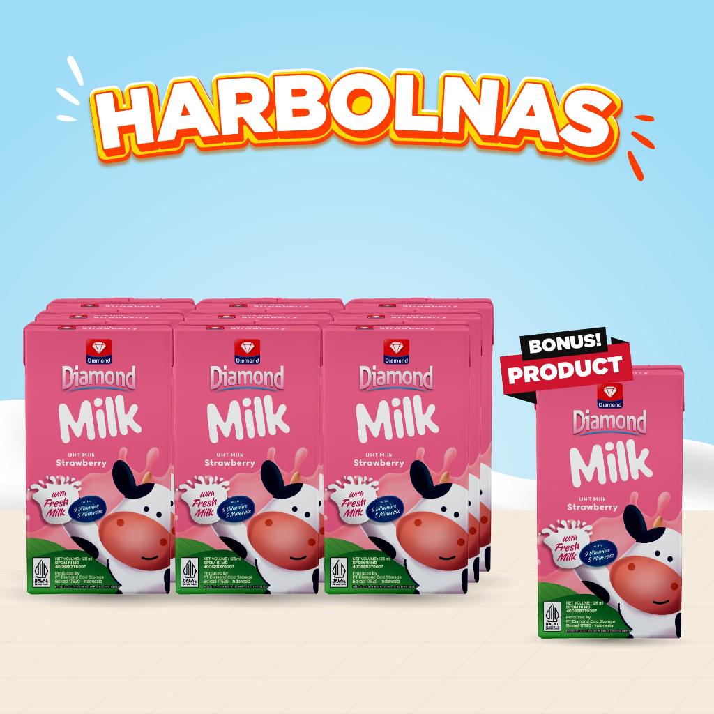 

BONUS PRODUCT BUY 9 PCS DIAMOND MILK UHT STRAWBERRY 125 ML FREE BUY 1 PCS DIAMOND MILK UHT STRAWBERRY 125 ML