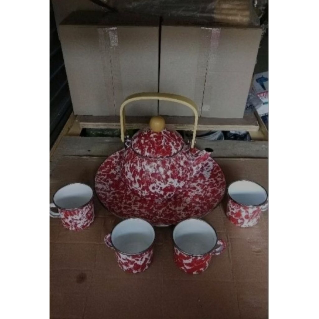 Set Teko + Gelas + Tatakan Enamel Blirik Merah Vintage Jadul