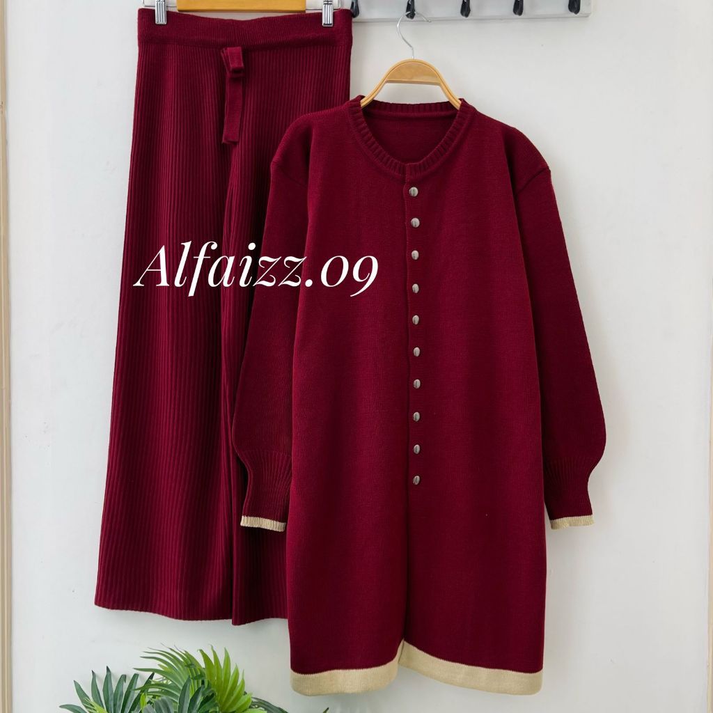 Oneset Bilaa Long Tunik Cardigan Rajut Kancing Depan Setelan Celana Kulot Premium Wanita Lengan Panj