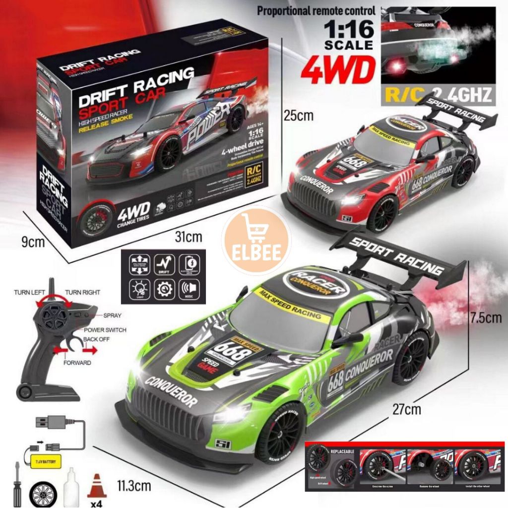 Elbee - Mobil RC Drift Propo 1:16 4WD 2.4GHz Mobil balap racing efek asap kecepatan tinggi