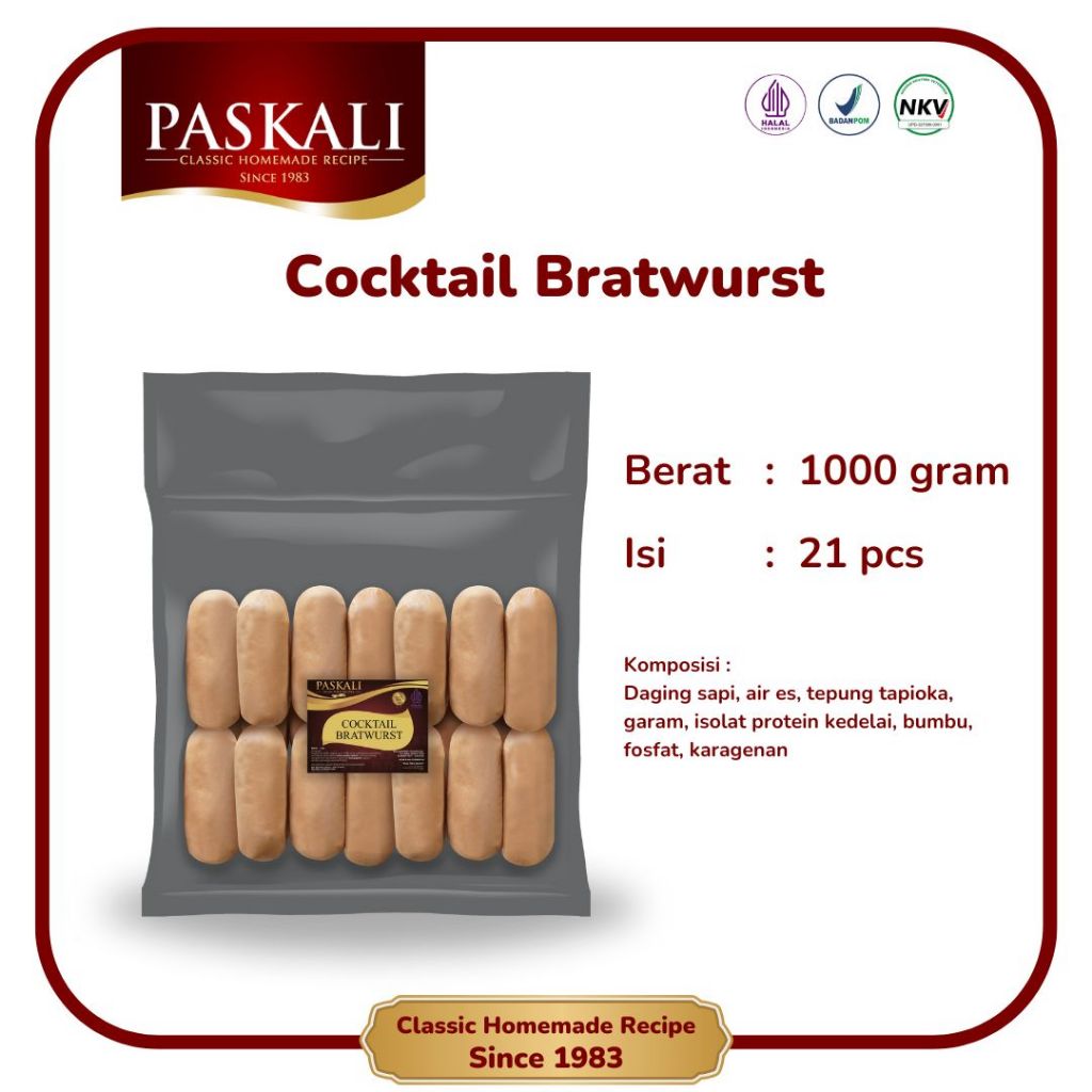 

Cocktail Sapi Bratwurst Paskali 1000 Gram Isi 21 Pcs