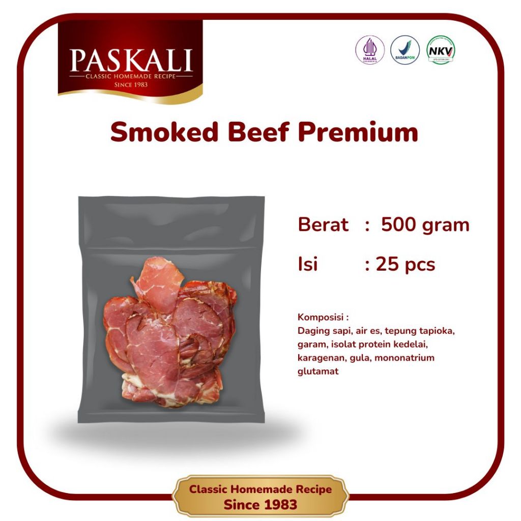 

Smoked Beef Premium Paskali 100 Gram Isi ± 5 Pcs