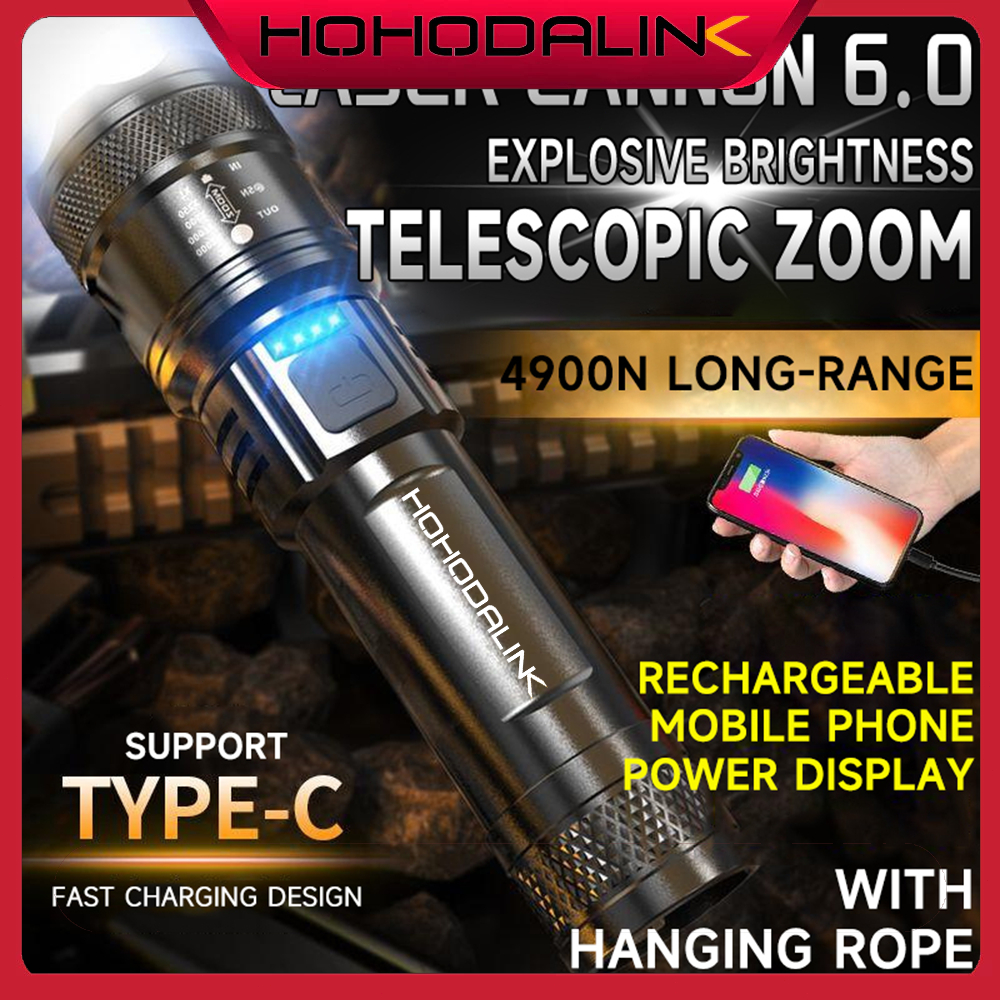 HOHODALINK Senter LED Super Terang Zoom USB Rechargeable 10000 Lumens Jarak Jauh Ringan Tahan Air IP