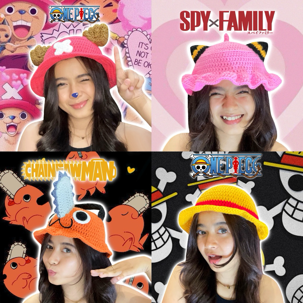 READY STOCK Bucket Hat Crochet Pochita // Anya // Luffy // Chopper Topi Rajut