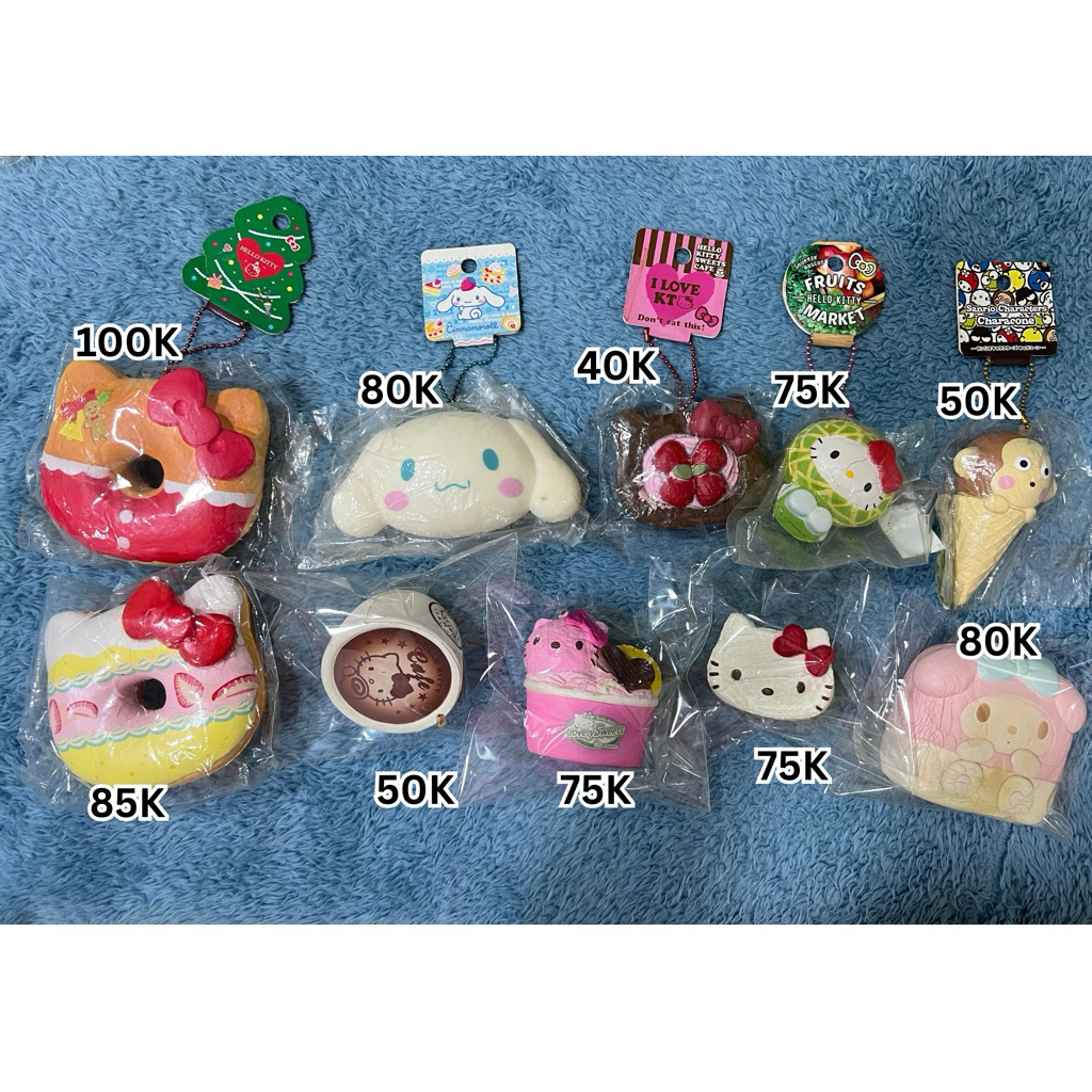 FLASH SALE SANRIO SQUISHY TAG TAGGED DONUT HELLOKITTY CINAMOROLL MELON ICE CREAM CHIGIRI BREAD CAFE