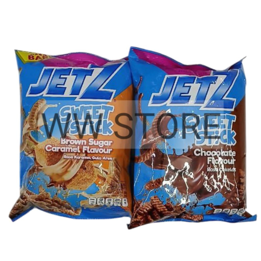 

Cemilan snek makanan ringan stik manis rasa coklat cokelat karamel gula aren snack halal MUI JETZ Chocolate Brown Sugar Caramel Flavour Flavor SWEET STICK 65g
