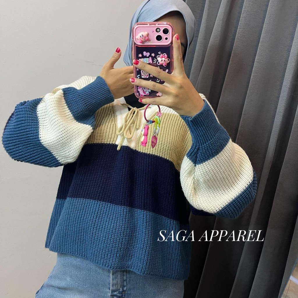 RACHEL SWEATER RAJUT CROP WANITA MOTIF BLASTER LENGAN BALON
