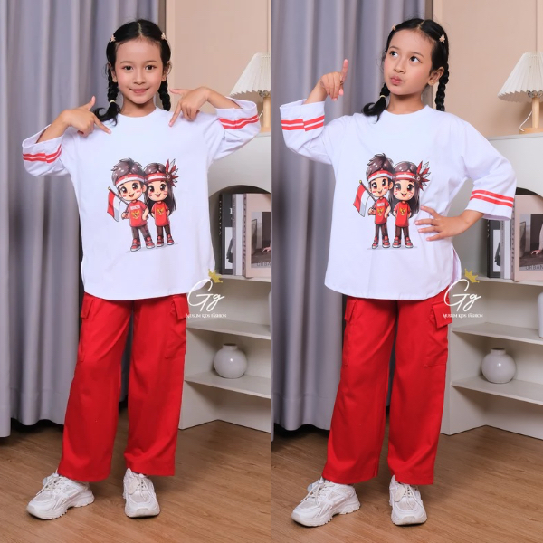 Kaos Anak Motif Kartun Merah Putih | kaos kemerdekaan Indonesia /kaos baju merah putih anak/setelan 
