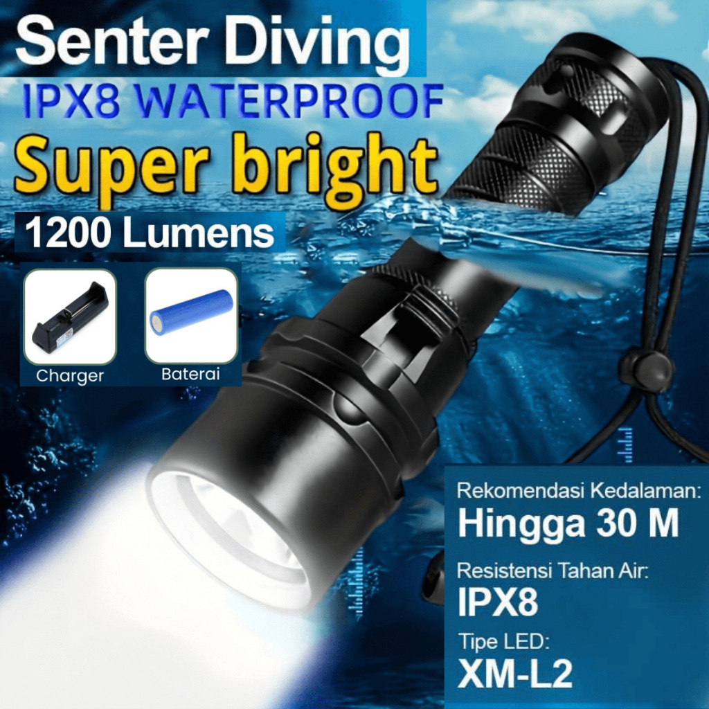 YUPARD PAKET LENGKAP Senter Selam LED Anti Air Tahan 20 Jam Senter Diving Super Terang Waterproof L2