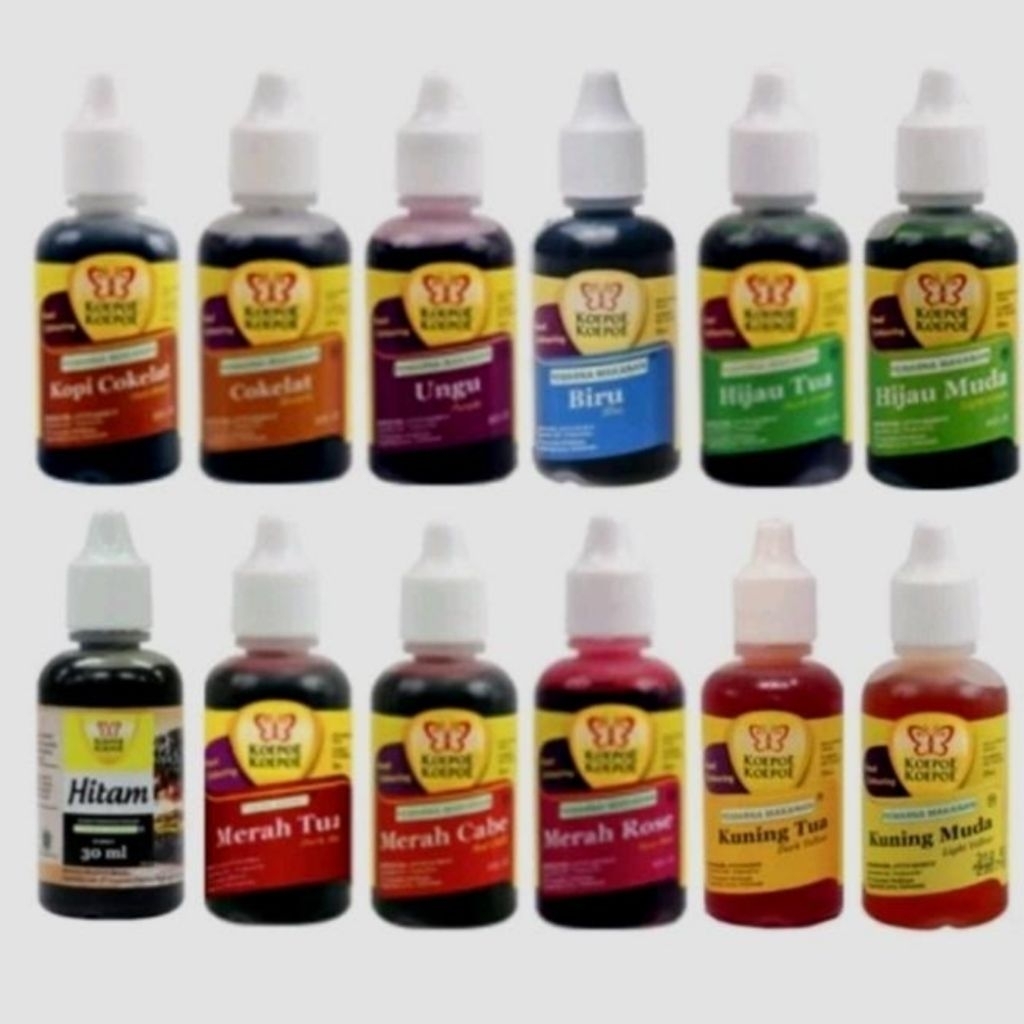 

Pewarna makanan koepoe koepoe 60 ml (varian :kuning telur,hijau tua,hitam,ungu,biru,cokelat,merah cabe,kuning tua)