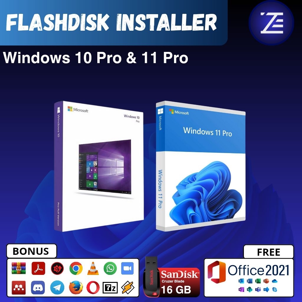 FLASHDISK BOOTABLE / INSTALLER WINDOWS 10 PRO & 11 PRO - 16GB USB 2.0