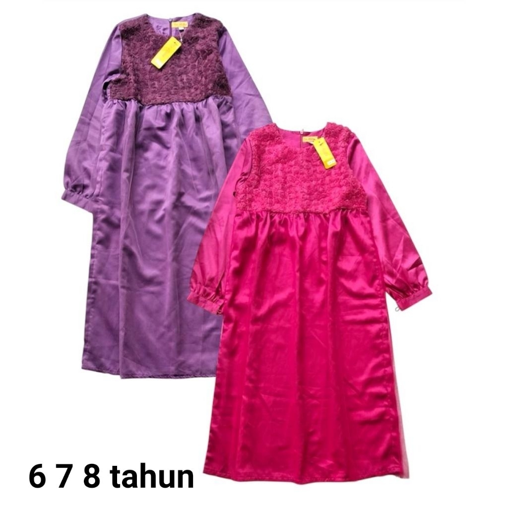 Gamis anak perempuan 6 7 8 tahun baju muslim tulle tille pink ungu full tag