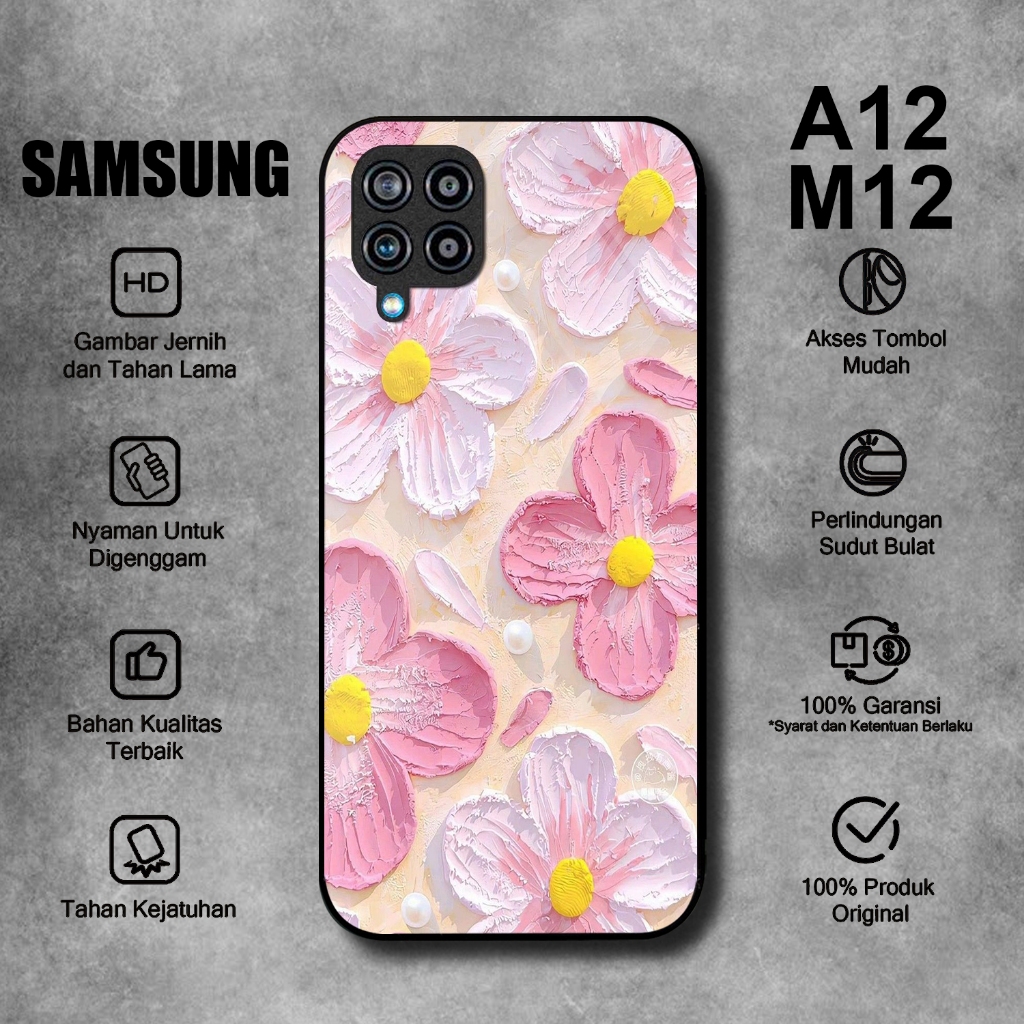 Softcase Glass Kaca Hp SAMSUNG A12 M12 Motif BUNGA ART - Case SAMSUNG A12 - Casing SAMSUNG M12