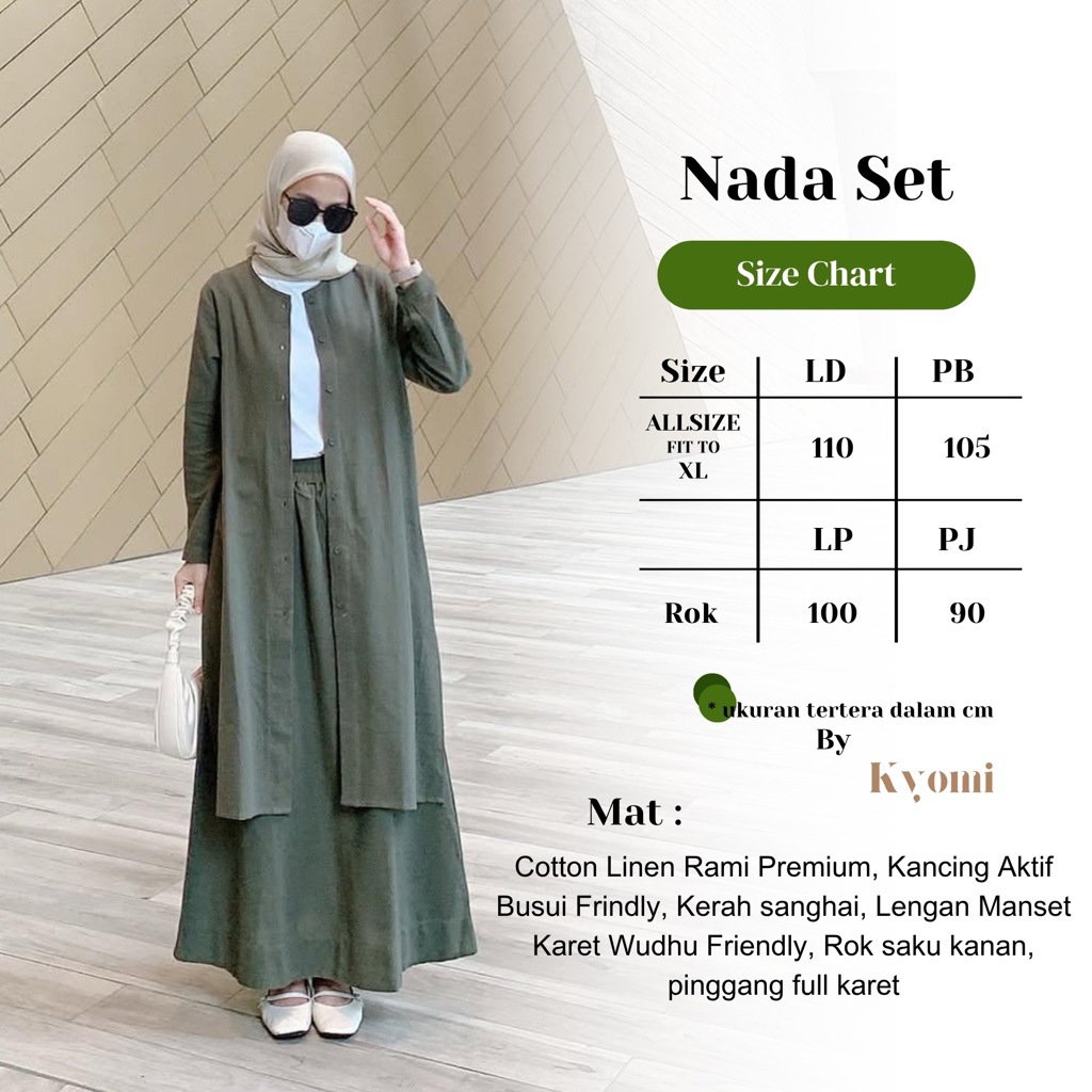 NADA Set Rok Bahan Linen Rami Premium By Kyomi-One Set Rok Tunik Syari Muslimah Terbaru 2025-Setelan