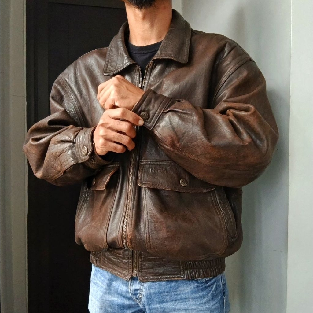 Casual Flight Leather Jacket - Jaket Kulit Pilot Army Pria Retro Vintage Second Preloved Ori