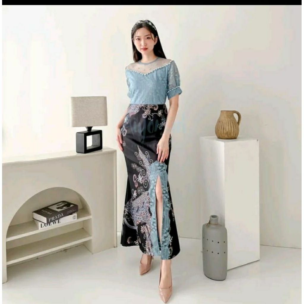 Dress wanita batik modern terbaru pesta wisuda brukat kombi batik dress
