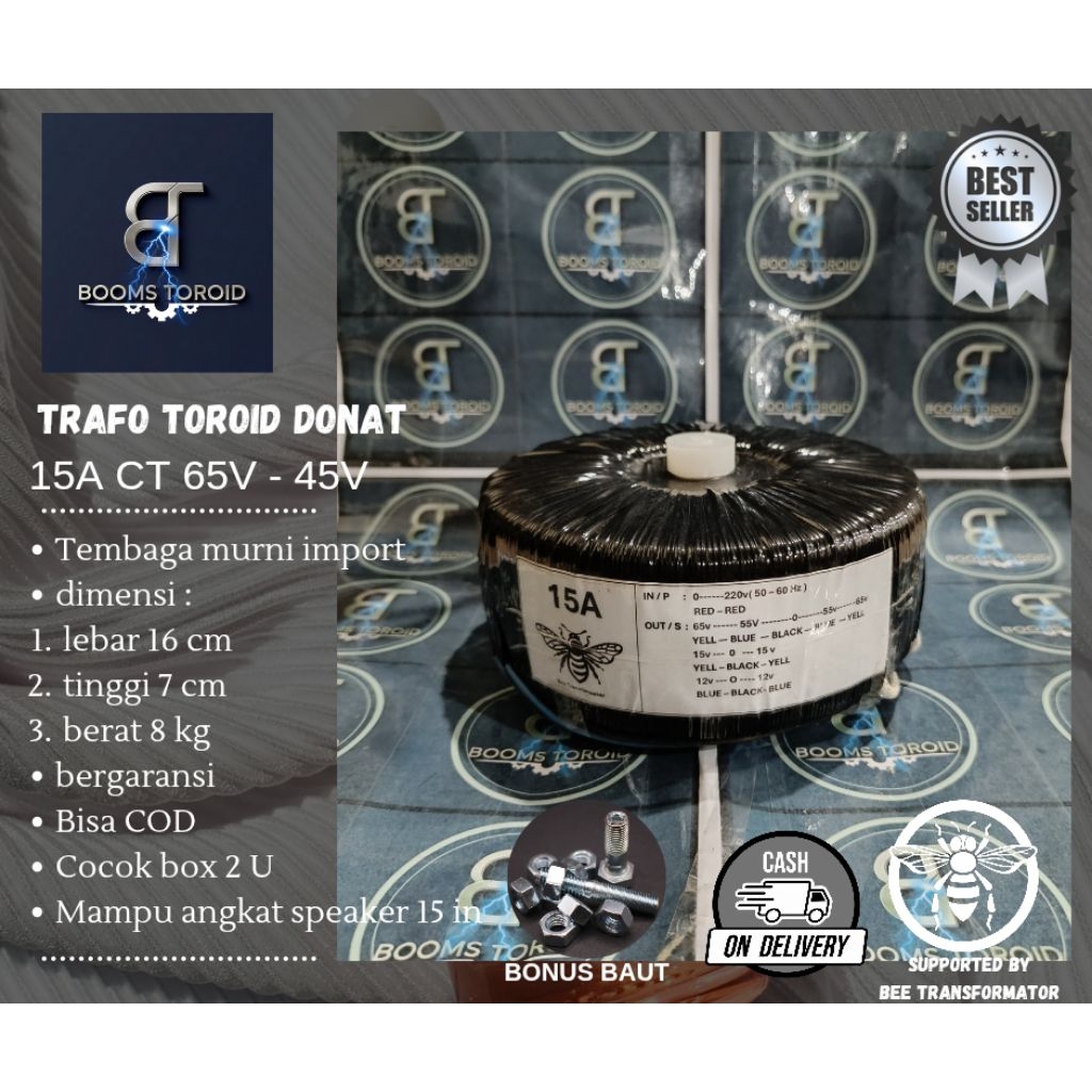 trafo toroid donat 15A CT 65V - 55V murni